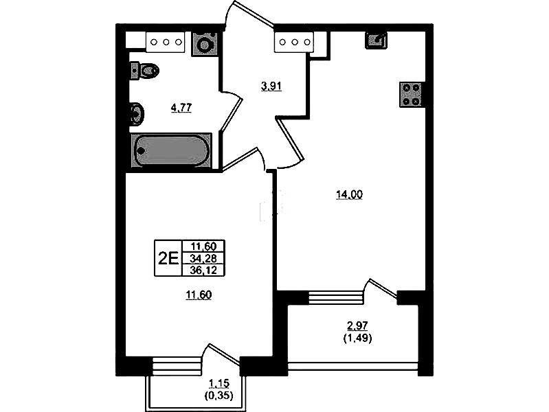 1-комнатная квартира 34.28 м², 5/5 эт., ЖК «Plus Пулковский»